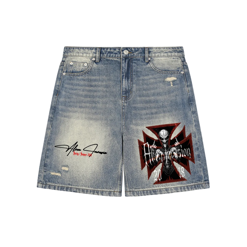 Cross Distressed Denim Shorts